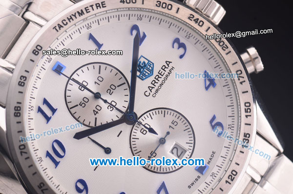 Tag Heuer Carrera Chronograph Quartz Full Steel with White Dial Blue Numeral Markers - Click Image to Close